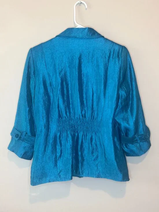 Joan Rivers Blazer Womens S Metallic Blue Rayon Blend 3/4 Sleeve Pockets - Picture 6 of 8